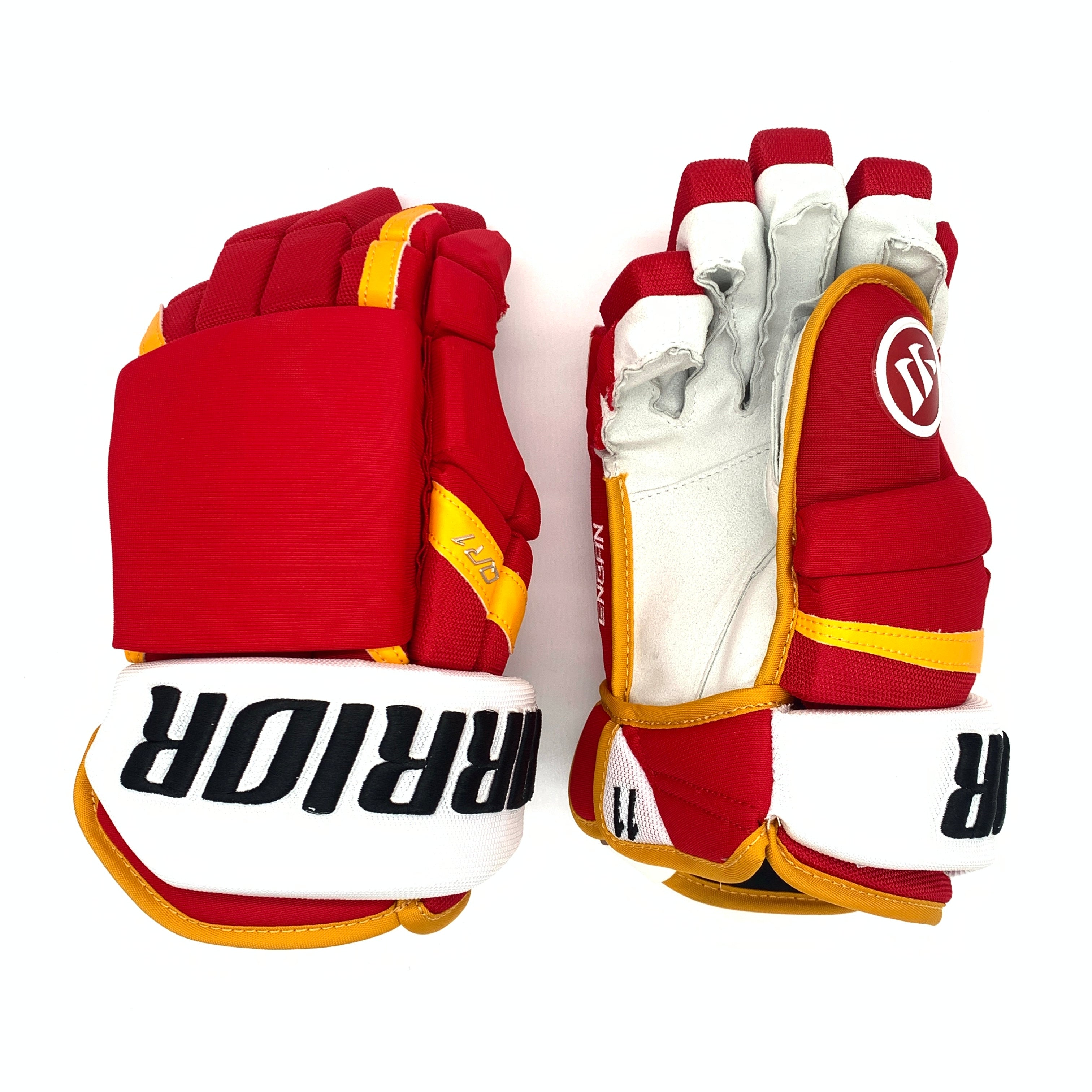 Warrior Covert QR1 Pro - Gant NHL Pro Stock - Mikael Backlund (Rouge/Jaune/Blanc)